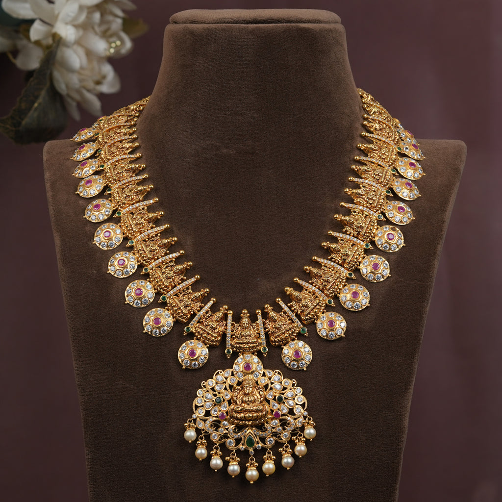 22k Gold lakshmi Kasula Necklace with Pearls