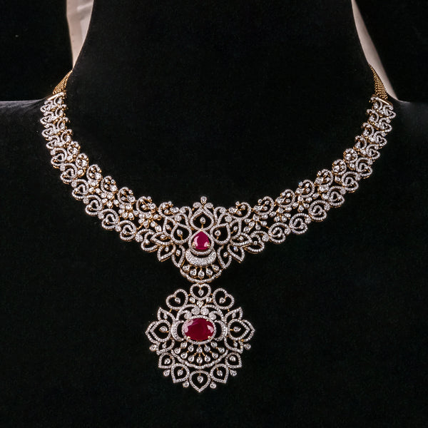 Floral Diamond Necklace With Pinkstone