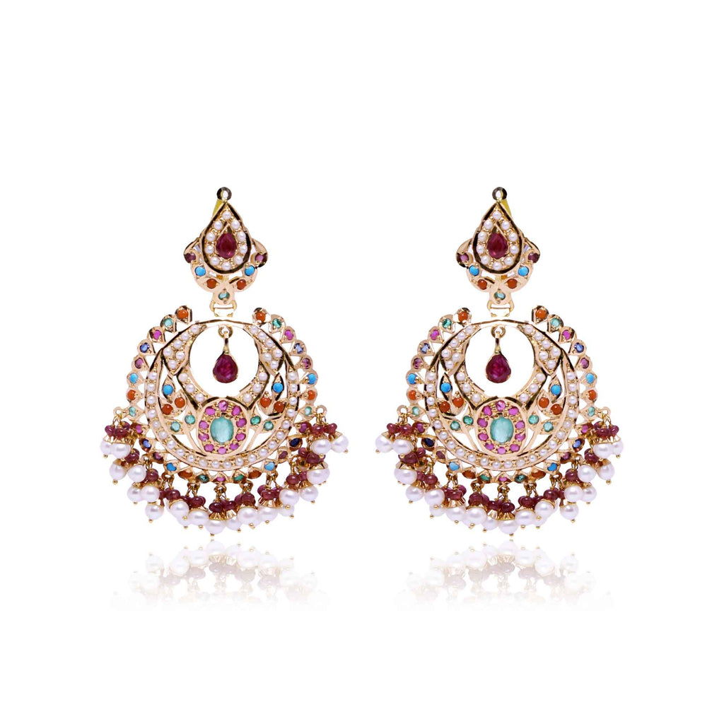 Chandbali Gold Jhumka Earrings with Gemstones & Pearls -GTPS974 KrishnaPearlsandJewellers