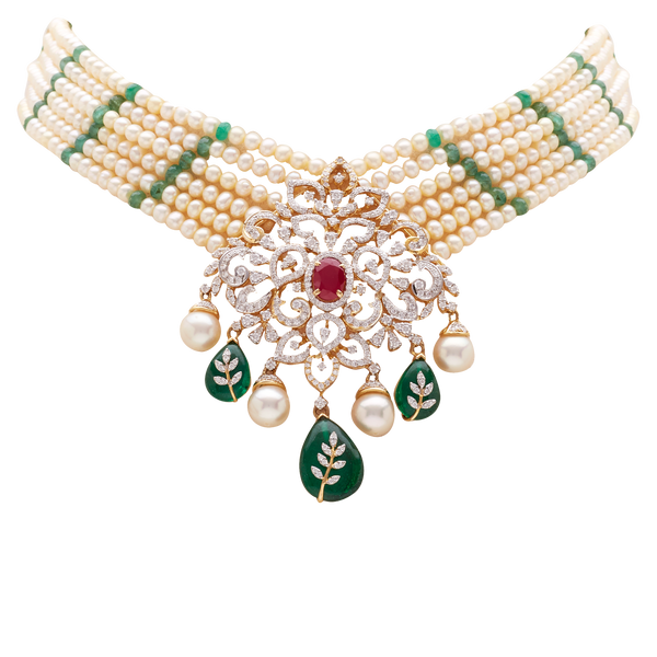 GOLD NECKLACE PEARL CHOKER WITH DIAMOND AND EMERALD-GNK0689