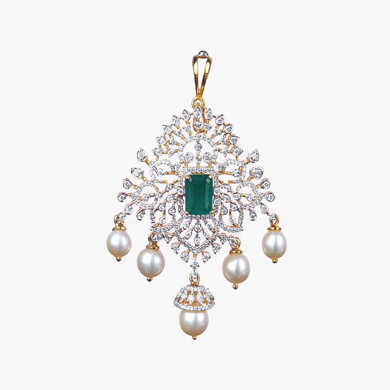 Gold Pendant Diamond Yellow Gold Culture Pearl With Green Stone Gdd0691