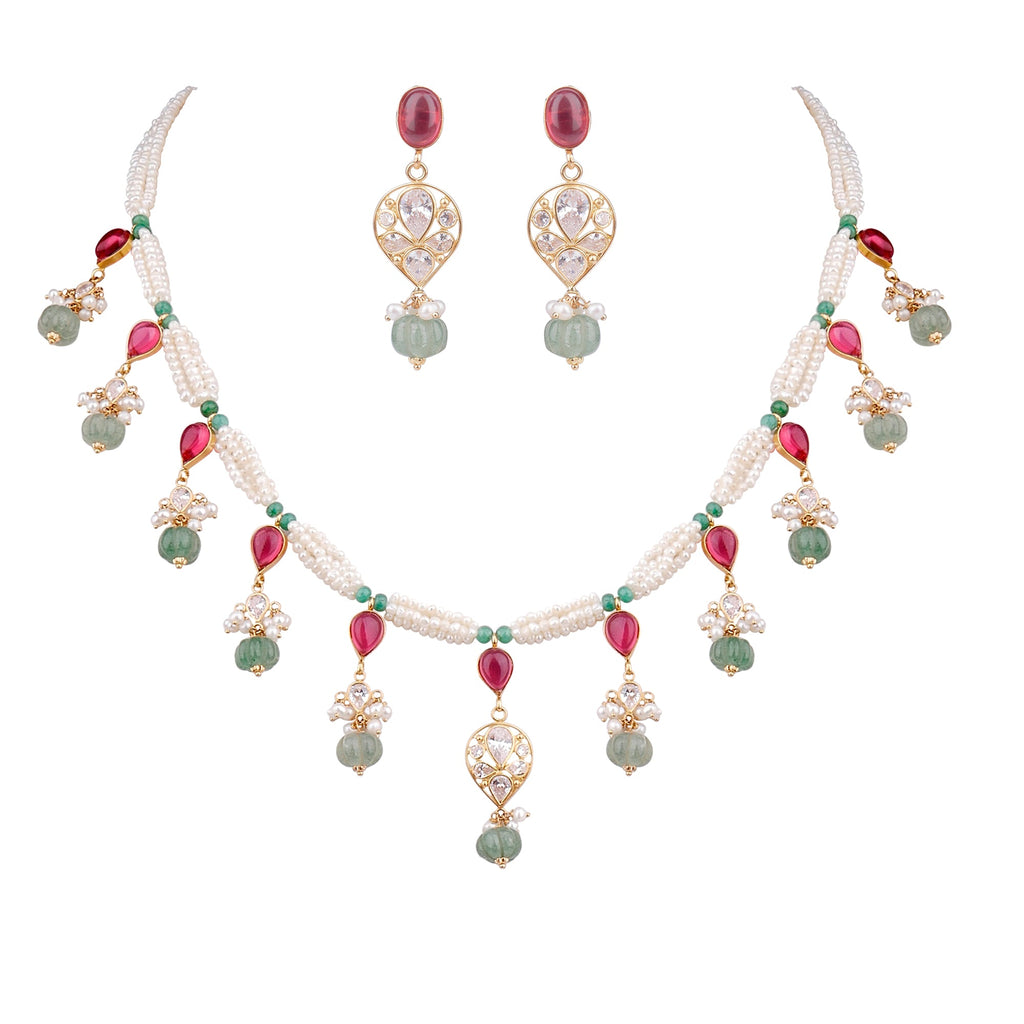 Pearl Necklace Set with Multicolor Gemstones GHP0282