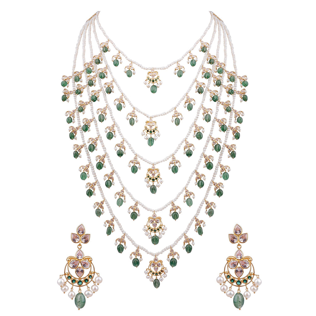 Five Line Pearl Emerald Chain with Earrings GHP0287