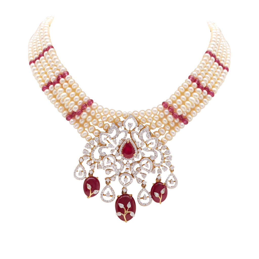 GOLD NECKLACE AND PEARL CHOKER WITH RUBY AND DIAMOND -GNK0690