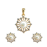 Shiny Natural Pearl & Diamond Pendant With Earrings Set in Gold-GPPD224