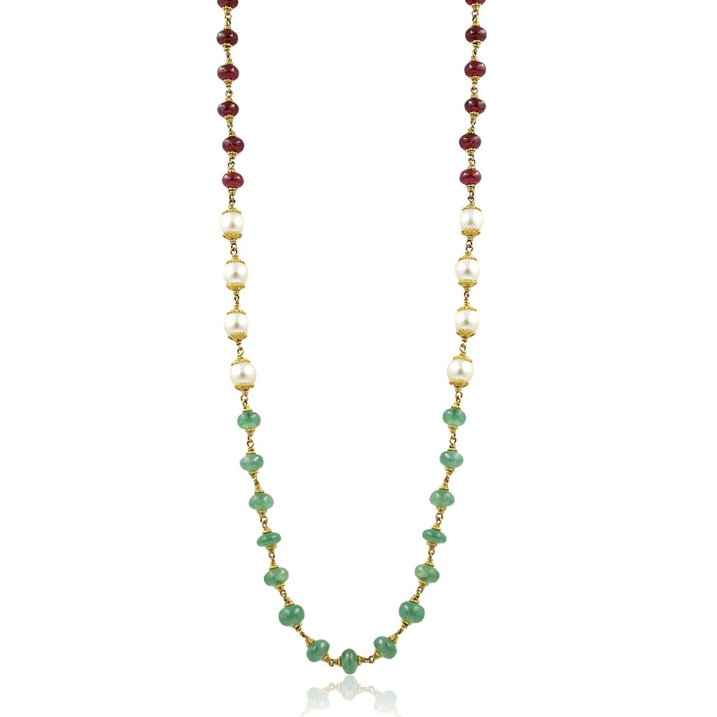 Gold Chain with Pearls, Ruby & Emerald Stones-GCPS881 KrishnaPearlsandJewellers