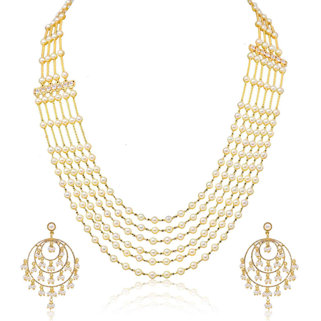 Six line Pearls Necklace & Chandbali Earrings Sets in Gold with Side Broach-GCPS890 KrishnaPearlsandJewellers
